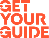 Bilden visar texten ”GET YOUR GUIDE” i fet, orange, versalstil, där bokstäverna G är stiliserade med prickar inuti.