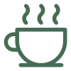 Enkel ikon föreställande en rykande varm kopp kaffe eller te, avbildad med gröna linjer mot en ljus bakgrund.