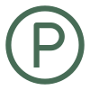 Ett grönt ”P” inuti en grön cirkel på en ljus bakgrund, som föreställer en parkeringssymbol.